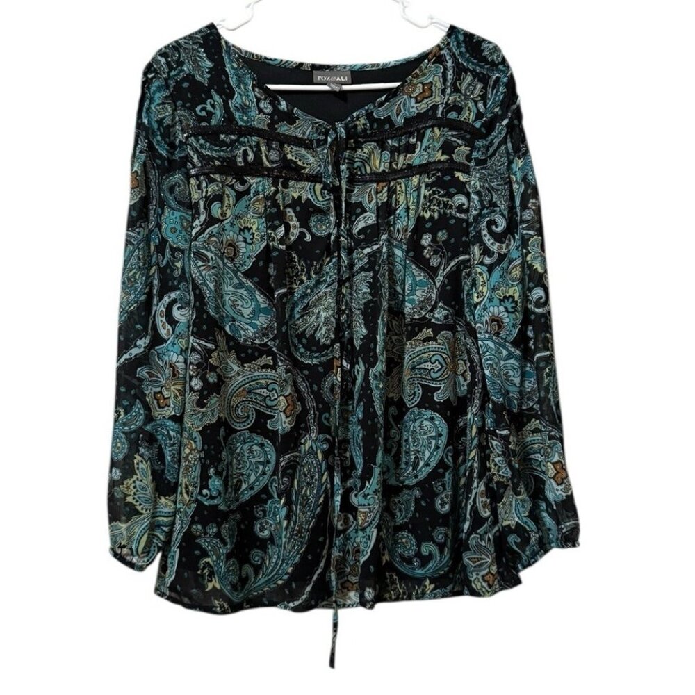 Roz & Ali Paisley Blouse Women Size Medium Teal Black Lined Top Long Sleeve City
